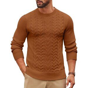 Coofandy Men Brown Crewneck Pullover Twist Textured Fisherman Sweater